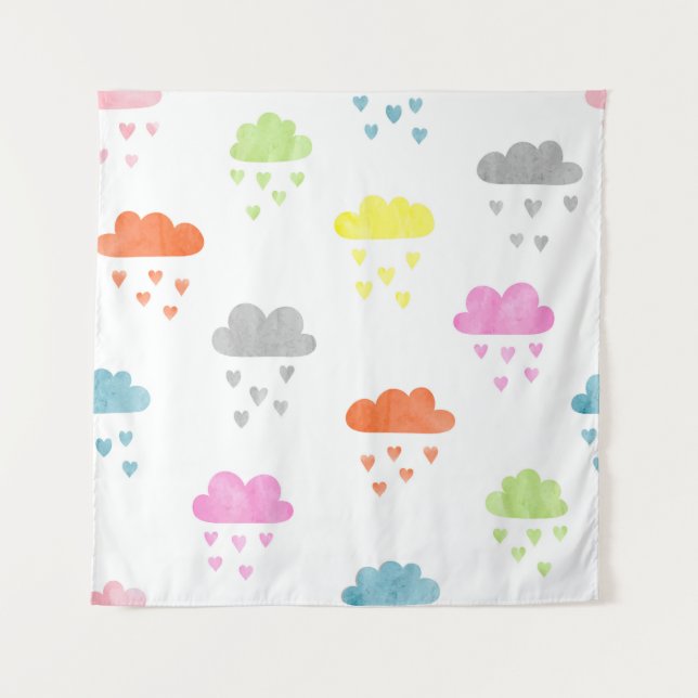 Dreamy Clouds: Wasserfarbener Herzrain Wandteppich (Vorderseite)
