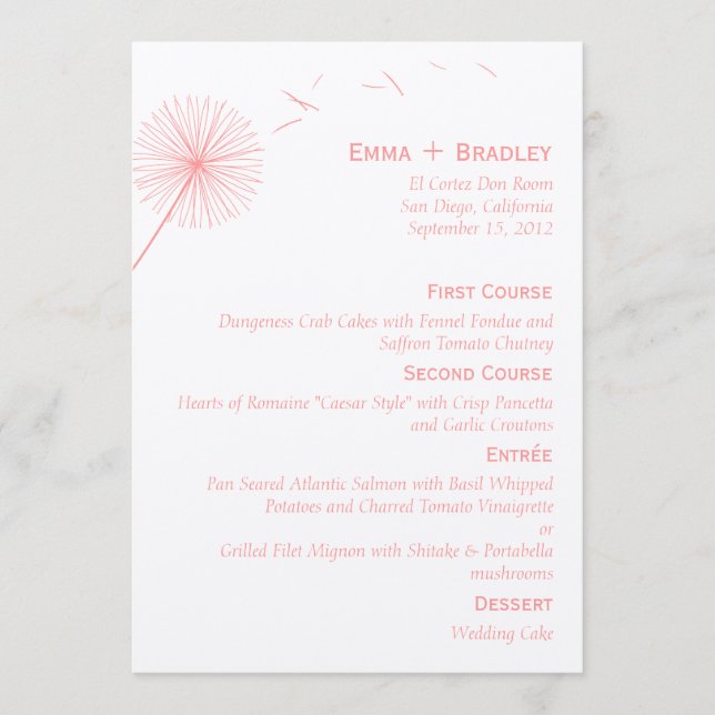Dreamy Dandelion Wedding Menu Card - Rose Pink Menükarte (Vorderseite)