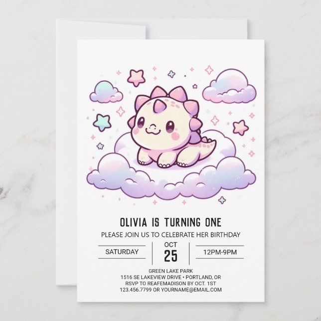 Dreamy Dino Dinosaur 1. Geburtstag Einladung (Vorderseite)