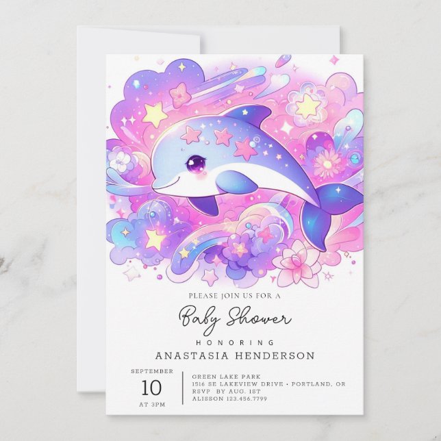 Dreamy Dolphin Baby Dusche Einladung (Vorderseite)