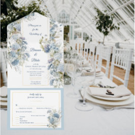 Dreamy Dusty Blue Floral Watercolor Wedding All In One Einladung