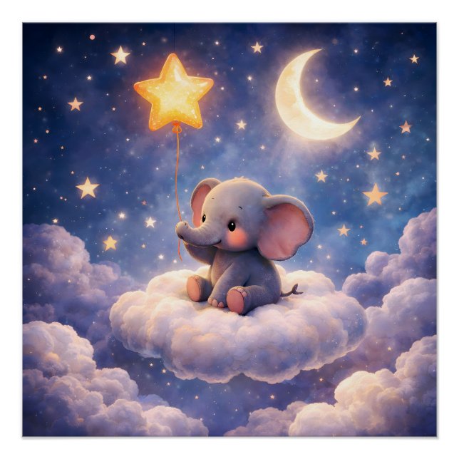 Dreamy elephant and midnight stars square semi Gla Poster (Vorderseite)
