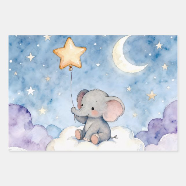 Dreamy elephant and stars luxury wrapping paper geschenkpapier set (Vorderseite)