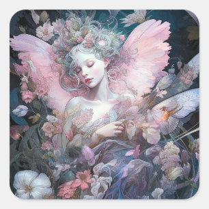 Dreamy Fairy Girl Pink Blue Fantasy Art Quadratischer Aufkleber