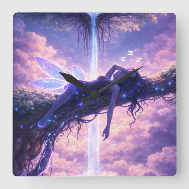 Dreamy Fairy Sky Waterfall Wall Clock Decor Quadratische Wanduhr (Vorderseite)