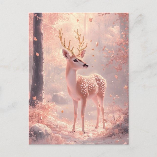Dreamy Fawn in Pink Autumn Woods Postkarte (Vorderseite)