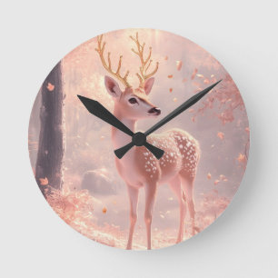 Dreamy Fawn in Pink Autumn Woods Runde Wanduhr