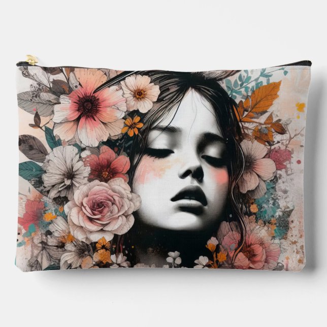 Dreamy Floral Portrait with Bird Accents Zubehörtasche (Vorderseite)