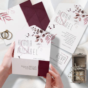 Dreamy Foliage Wedding Burgundy ID817 All In One Einladung