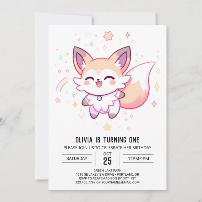 Dreamy Fox 1. Geburtstag Einladung (Vorderseite)
