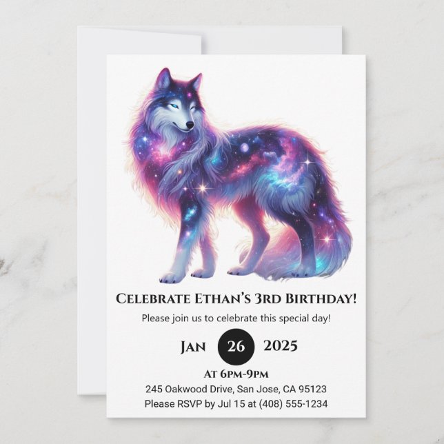 Dreamy Galaxy Wolf Birthday Einladung (Vorderseite)
