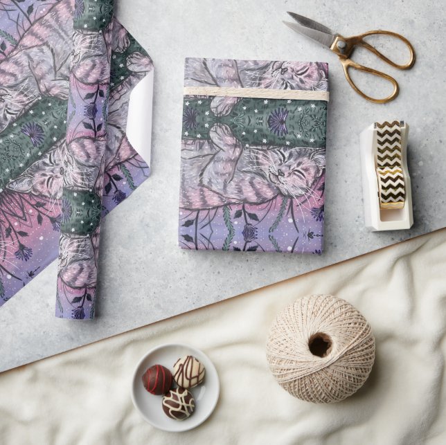 Dreamy Garden Snooze Katze Aquarelle Geschenkpapier (Kunsthandwerk)