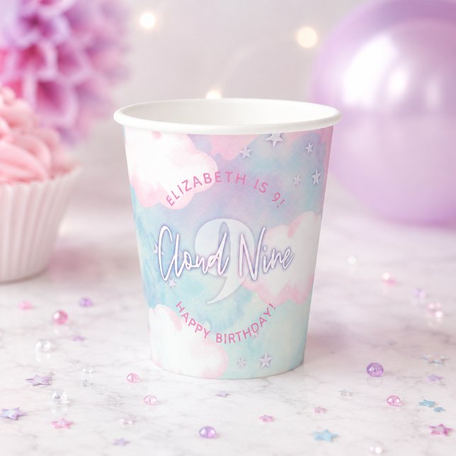 Dreamy Girly on Cloud 9. Geburtstag Pappbecher (Dreamy Girly On Cloud Nine 9th Birthday Paper Cups)