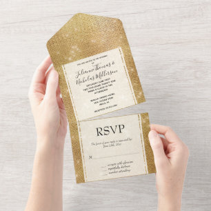 Dreamy Glitzy Gold Sparkle Wedding All In One Einladung