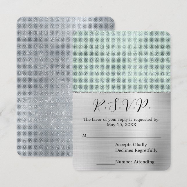 Dreamy Glitzy Silver Mint Sparkle Wedding RSVP Karte (Vorne/Hinten)