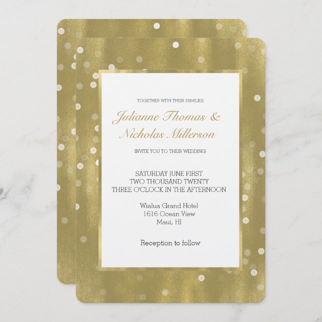 Dreamy Gold und White Confetti Bokeh Wedding Einladung (Vorne/Hinten)