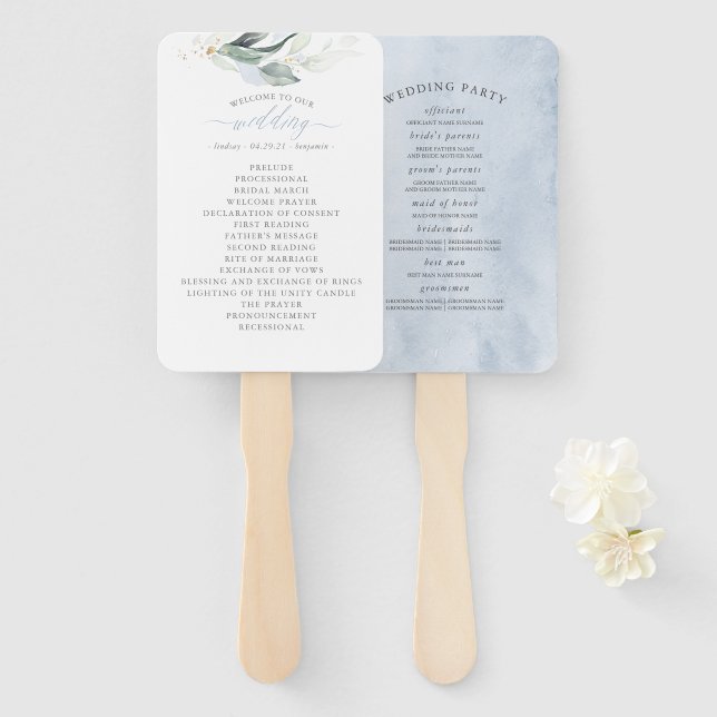 Dreamy Greenery Dusty Blue Wedding Program Fächer (Vorne und Hinten)