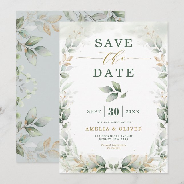 Dreamy Greenery Gold Eukalyptus Save the Date Einladung (Vorne/Hinten)