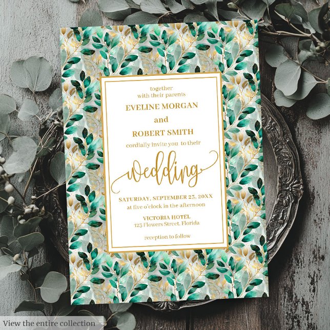 Dreamy Hunter Green Gold Greenerity Wedding lädt e Einladung (Dreamy Hunter Green Gold Greenery Wedding Invites)
