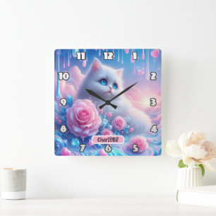 Dreamy Kitten: Rosa Rosen, blaue Augen Quadratische Wanduhr