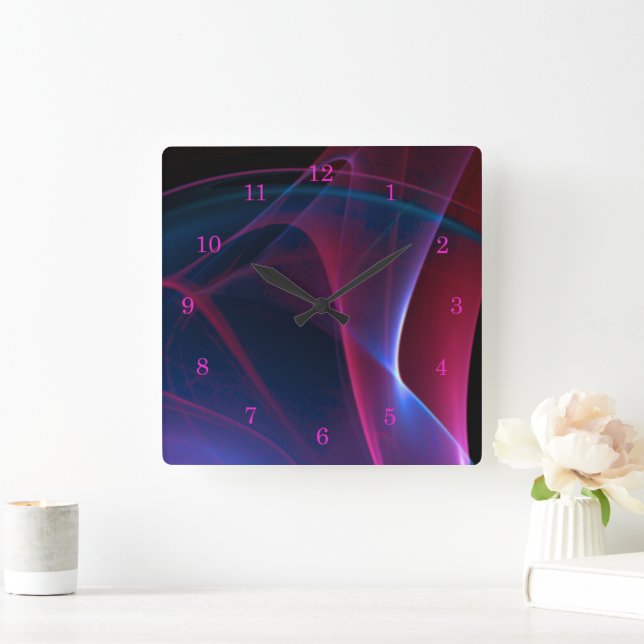 Dreamy Magenta und Blue Abstrakt Artwork Quadratische Wanduhr (Zuhause)