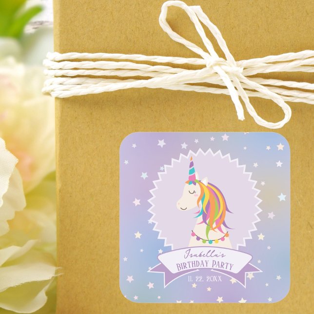 Dreamy Magical Rainbow Unicorn Girly Birthday Quadratischer Aufkleber (Von Creator hochgeladen)