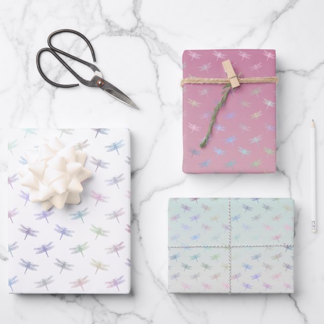 Dreamy Mint Aqua Lila Rosa Libellen Geschenkpapier Set (Vorderseite)