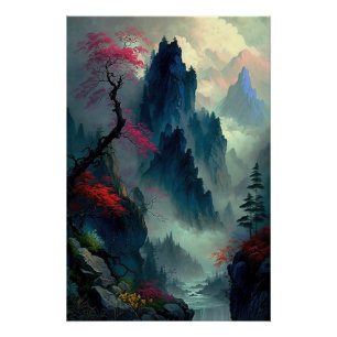 Dreamy Misty Mountain Landschaft Glossy Poster