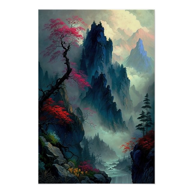 Dreamy Misty Mountain Landschaft Glossy Poster (Vorderseite)