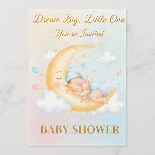 Dreamy Moon Baby Shower Invitation - Sleeping Baby Einladung (Vorderseite)