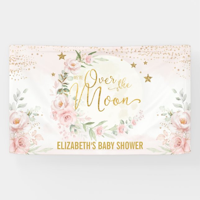 Dreamy Moon Blush Pink Floral Baby Girl Willkommen Banner (Horizontal)