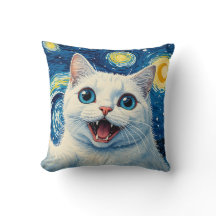 Dreamy Moonlight Starry Night White Cat Pillow