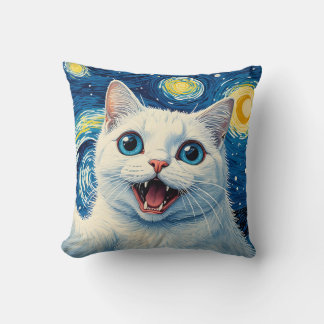 Dreamy Moonlight Starry Night White Cat Pillow Kissen