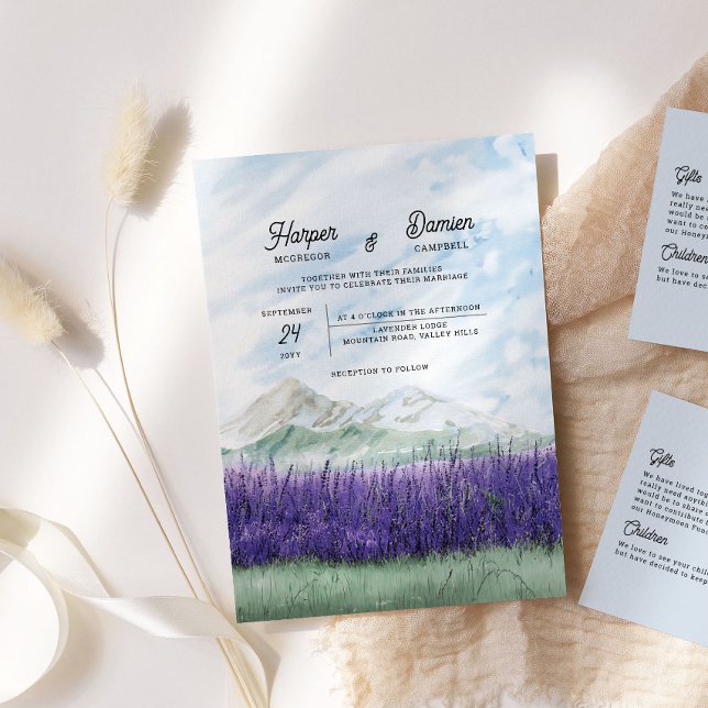 Dreamy Mountain Lavender Watercolor Wedding Einladung (Watercolor Destination Wedding Invitation from my Mountain Lavender Wedding Collection)