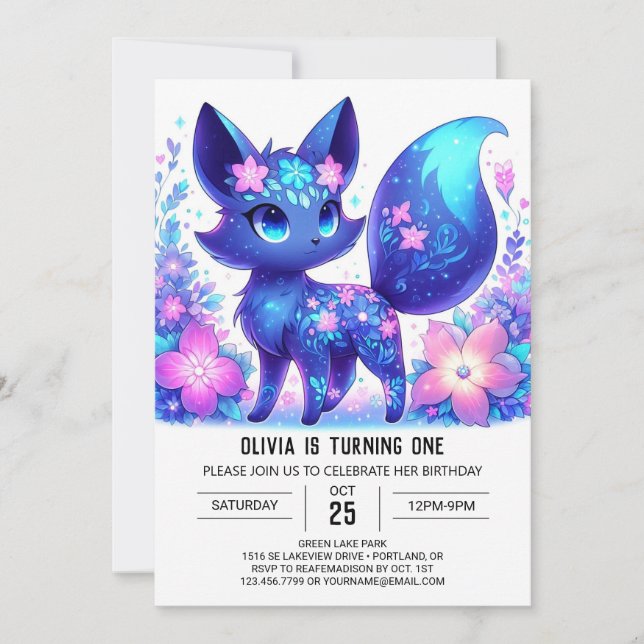 Dreamy Mythical Fox 1. Geburtstag Einladung (Vorderseite)
