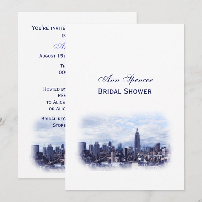 Dreamy Navy Blue NYC Skyline Brautparty V Einladung (Vorne/Hinten)