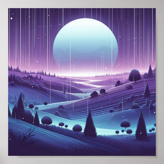 Dreamy Night Landscape - Moonlit Hills and Fallin Poster (Vorne)