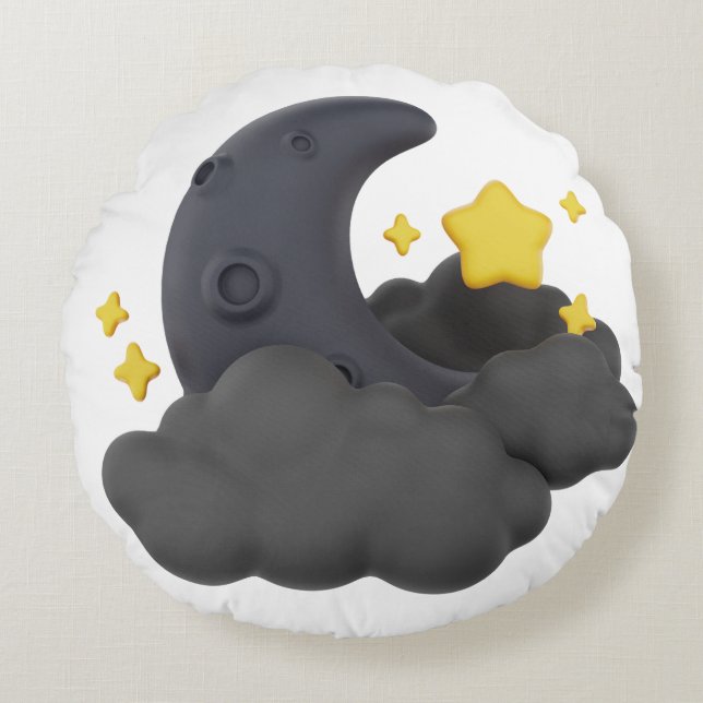 Dreamy Night Sky Pillow  Moon, Stars and Clouds  Rundes Kissen (Vorderseite)