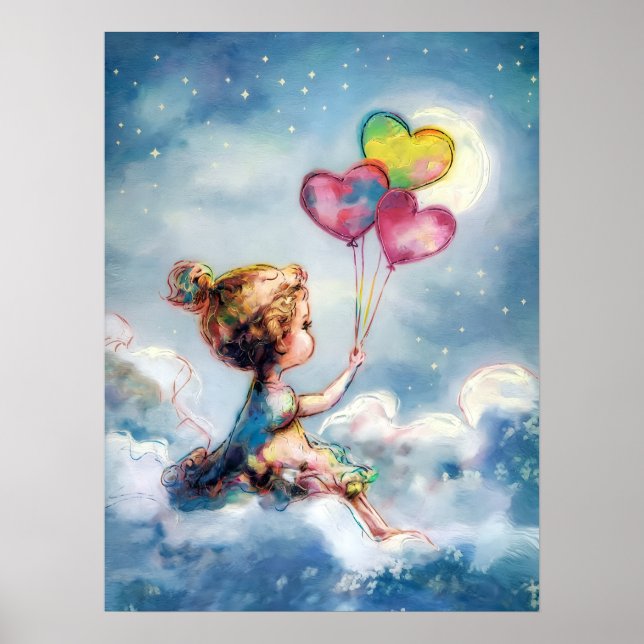 Dreamy Night Sky - Whimsical Girl with Balloons Poster (Vorne)