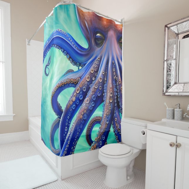 Dreamy Octopus Blue Ocean Wave Pop Art Duschvorhang (Beispiel)