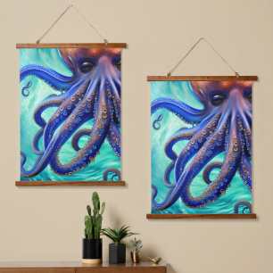 Dreamy Octopus Blue Ocean Wave Pop Art Wandteppich Mit Holzrahmen