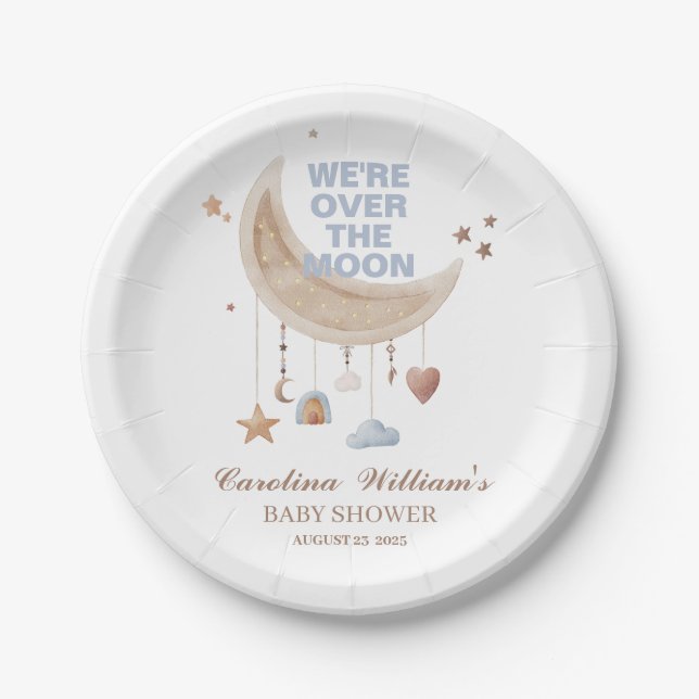 Dreamy Over the Moon Blue Babydusche Pappteller (Vorderseite)
