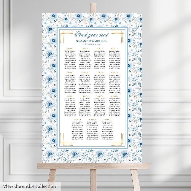 Dreamy Pastel Blue Gold Aquarelltafel Poster (Dreamy Pastel Blue Gold Watercolor Seating Chart)