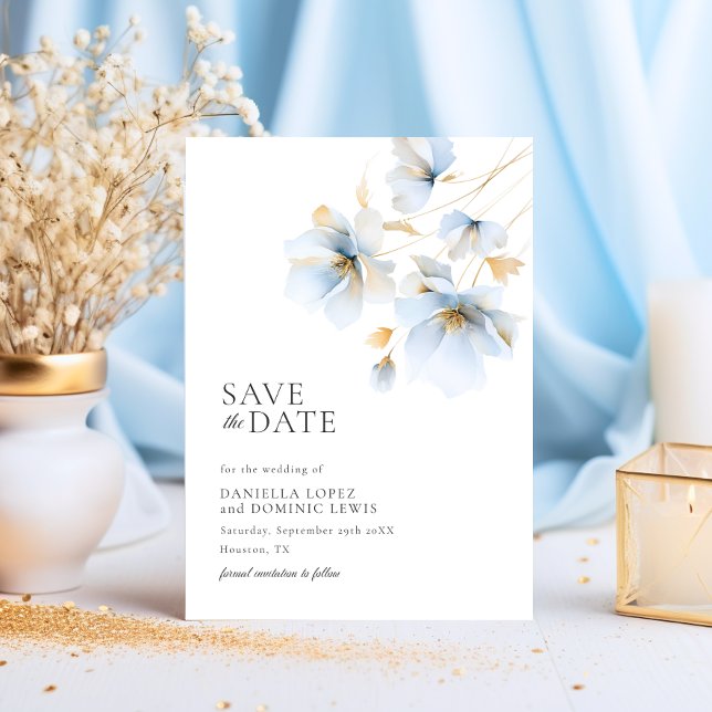 Dreamy Pastel Blue und Gold Wild Blume Hochzeit Save The Date (Dreamy Pastel Blue and Gold Wild Flowers Wedding Save The Date)