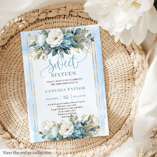 Dreamy Pastel Blue White Floral 16 . Geburtstag 16 Einladung