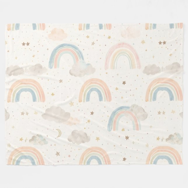 Dreamy Pastel Rainbow Nursery Blanket | Watercolor Fleecedecke (Vorderseite (Horizontal))