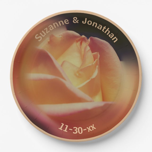 Dreamy Peach Rose Personalisiert Wedding Bridal Pappteller (Vorderseite)