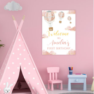 Dreamy Pink Balloon First Birthday Girl Glitzer Poster