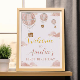 Dreamy Pink Balloon First Birthday Girl Glitzer Poster