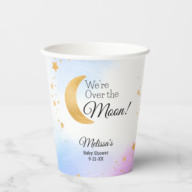 Dreamy Pink Blue Over the Moon Baby Shower Party Pappbecher (Vorderseite)